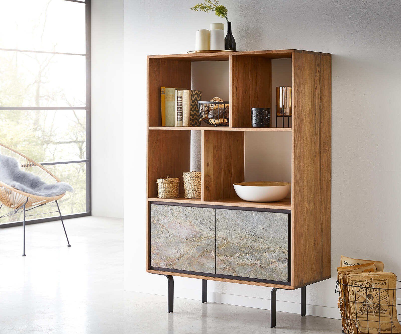 Buffet-haut Juwelo 88x135 cm acacia naturel avec placage de pierre 1